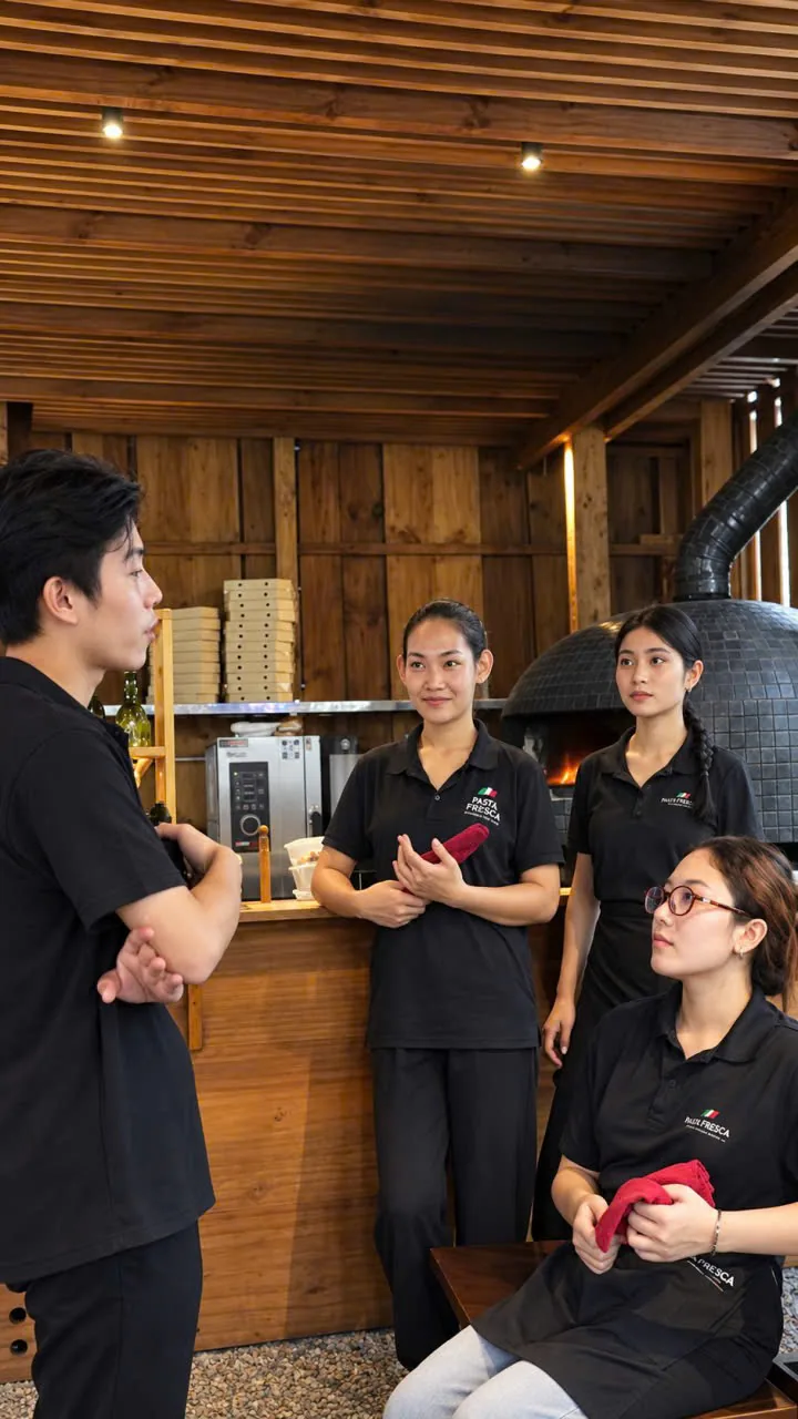 The Pasta Fresca team talking in the kitchen
