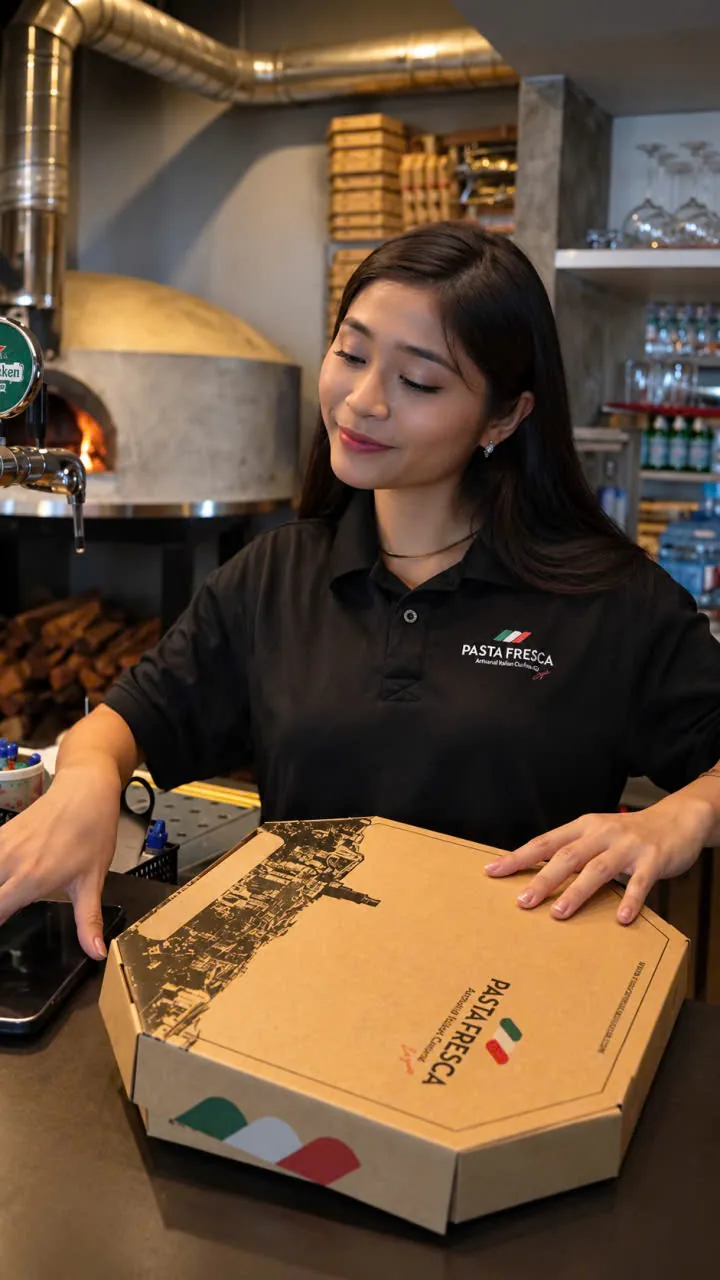 A Pasta Fresca team member preparing a takeaway pizza box