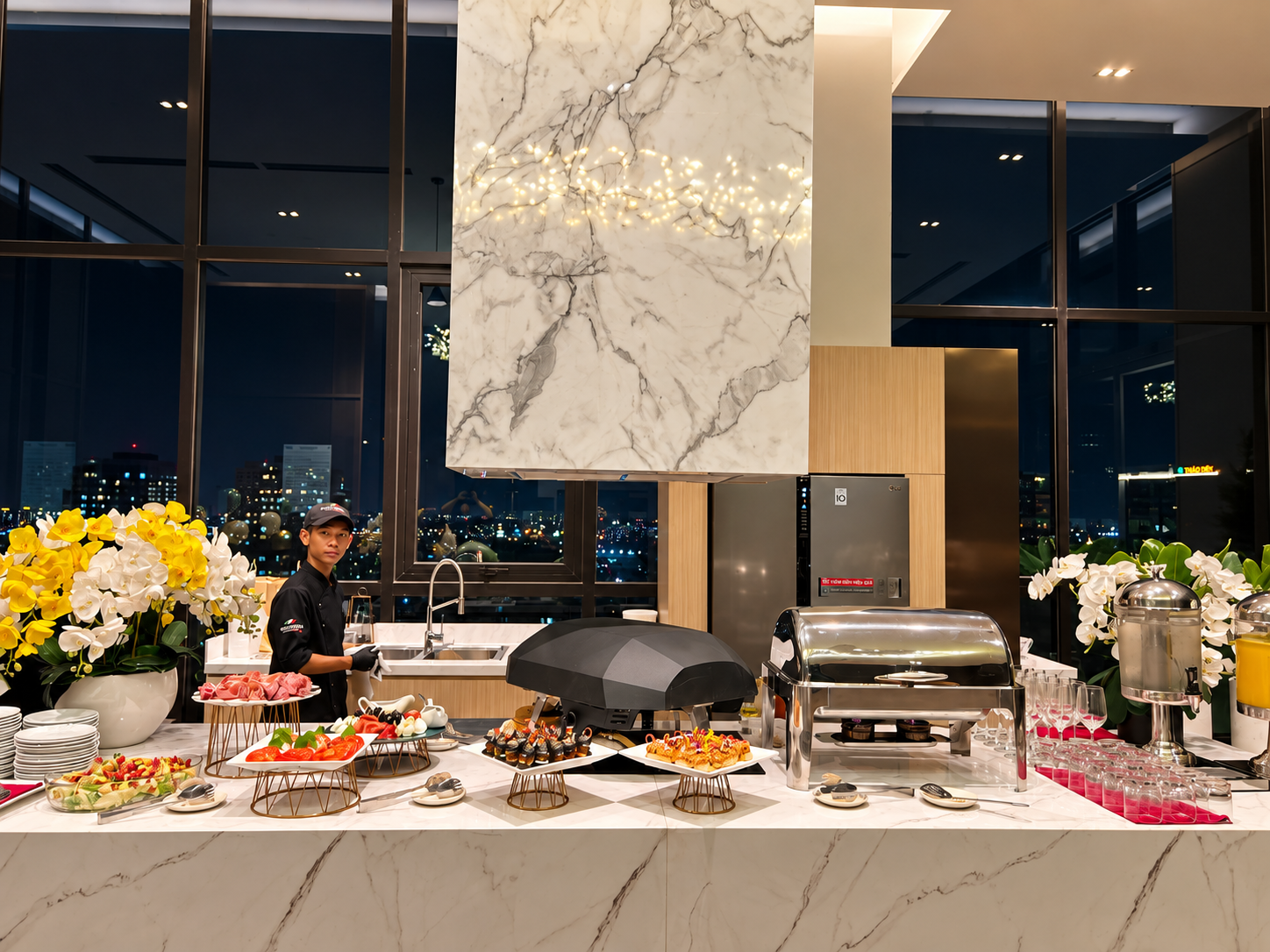 A buffet presented in an elegant event space