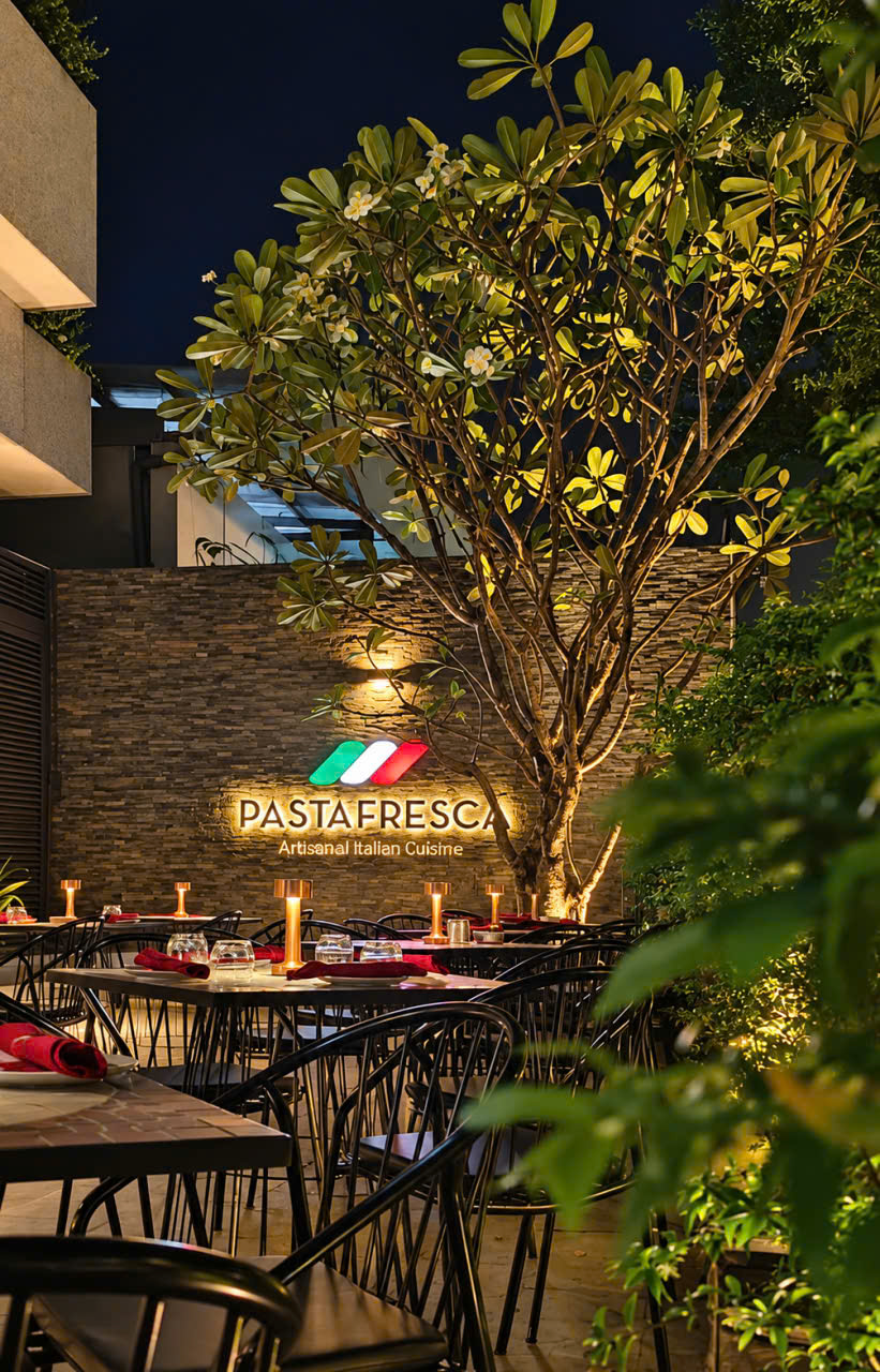 Pasta Fresca garden at night